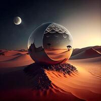 3d ilustración de un planeta en el Desierto a noche con un luna, ai generativo imagen foto