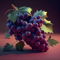 manojo de uvas con hojas en un oscuro fondo, 3d ilustración, ai generativo imagen foto