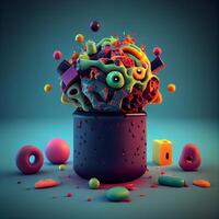 3d illustration of a cauldron full of multicolor balloons, Image photo