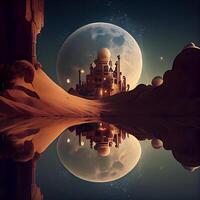 3d ilustración de un fantasía paisaje con un mezquita y el luna, ai generativo imagen foto
