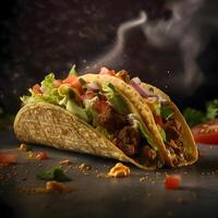 Tacos with meat and vegetables on a dark background. Selective focus., Image photo