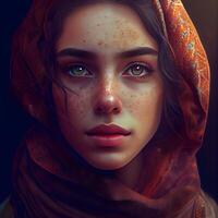 Portrait of a beautiful young woman with shawl on her head., Image photo