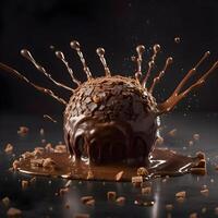 Chocolate pudding with caramel sauce and splashes on a black background, Image photo
