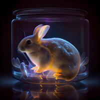Rabbit in a glass jar on a black background. 3d rendering, Image photo