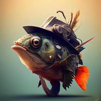 Fish in the hat of the steampunk. 3d illustration., Image photo