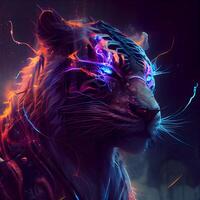 Futuristic portrait of a tiger with colorful neon lights in the background, Image photo