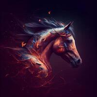 Horse head with fire flame on dark background. Digital painting., Image photo