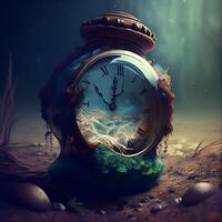 Vintage clock in the forest. 3d render. Time concept, Image photo