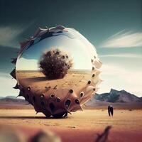 Cactus inside a spherical glass ball on a desert background. 3d rendering, Image photo