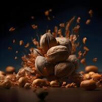 chapoteo de nueces en un de madera cuenco en un negro fondo, ai generativo imagen foto