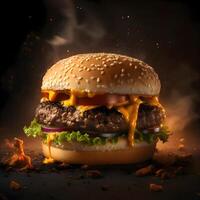 grande sabroso hamburguesa con queso con carne, queso y vegetales en negro fondo, ai generativo imagen foto