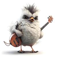 Cute bird with electric guitar isolated on white background. 3d illustration, Ai Generative Image photo