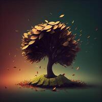 Conceptual image of autumn tree with falling leaves. 3d render, Image photo