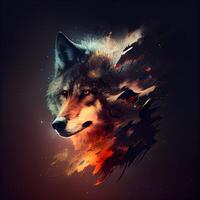 Wolf portrait with fire effect and grunge background. illustration., Image photo