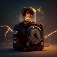 Vintage mechanical alarm clock on dark background with lightning. 3d rendering, Image photo