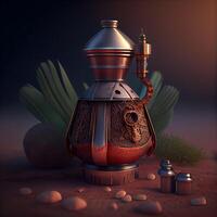 3D rendering of a clay coffee pot in the desert with palm leaves, Image photo