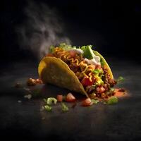 tacos con carne y vegetales en un negro antecedentes. mexicano alimento., ai generativo imagen foto