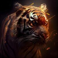 Portrait of a tiger on a black background with fire and smoke, Image photo