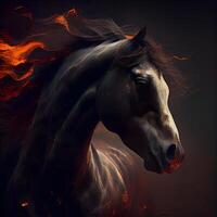 Horse portrait with fire and smoke on a dark background. Digital painting., Image photo