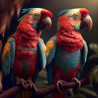 Two macaw parrots sitting on the branch. Tropical birds., Image photo