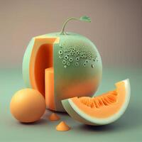 Melon and orange slice with water drops. 3d illustration., Image photo