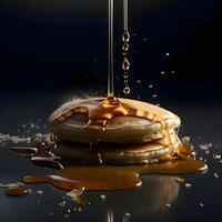 Pancakes with splashes and drops on a dark background., Image photo