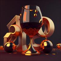 Happy New Year 2021. Festive background with a glass of wine, Christmas balls and numbers. illustration., Image photo