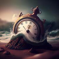 Vintage pocket watch on the beach. Time concept. 3D Rendering, Image photo