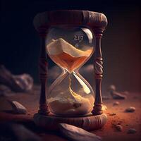 Hourglass with sand and knife on dark background. 3d rendering, Image photo