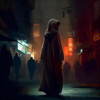 Muslim woman in hijab walking in the street at night, illustration., Image photo