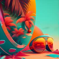 Summer vacation concept. Sunglasses, palm leaves and seashells. 3d illustration, Image photo