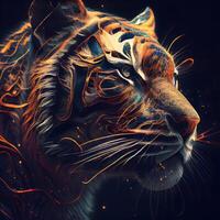 Portrait of a tiger with fire effect on the face. Colorful illustration., Image photo