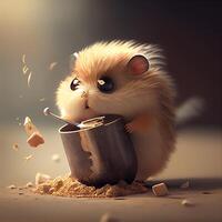 Hamster with a pot of honey and a cauldron on a dark background, Image photo