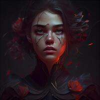 Portrait of a beautiful girl with fantasy make-up and red flowers, Image photo