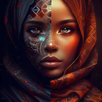 Portrait of beautiful african american woman in traditional headscarf., Image photo