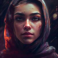 Portrait of a beautiful woman with a glowing make-up and blood on her face., Image photo