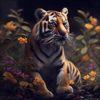 Siberian tiger in a forest with flowers. Digital painting., Image photo