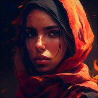 Portrait of a beautiful woman with red scarf on her head., Image photo