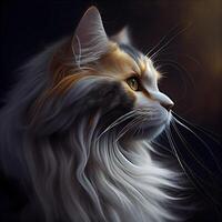 Beautiful long haired cat with a white tail on a dark background, Image photo