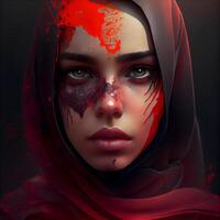 Portrait of a beautiful girl with red blood on her face., Image photo