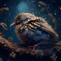 Little bird on a dark background. Photo in old color image style., Image