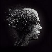 3d rendering of human head made of splashes on black background, Image photo