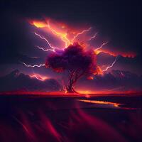 Burning tree on the background of the volcano. illustration., Image photo