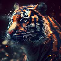 Tiger portrait in the dark with fire. 3D illustration., Image photo