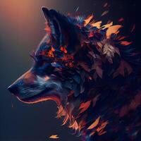 Illustration of a wolf with autumn leaves and fire on a dark background, Image photo