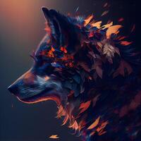 Illustration of a wolf with autumn leaves and fire on a dark background, Image photo