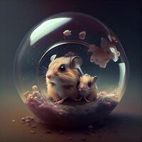 Hamster and mouse in a glass ball. 3D rendering., Image photo