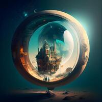 Astronomical image of the old city in the form of a planet., Image photo