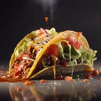 Taco with meat, vegetables and cheese on a black background., Image photo