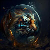 Tiger in a glass sphere with fire and smoke. 3D rendering, Image photo